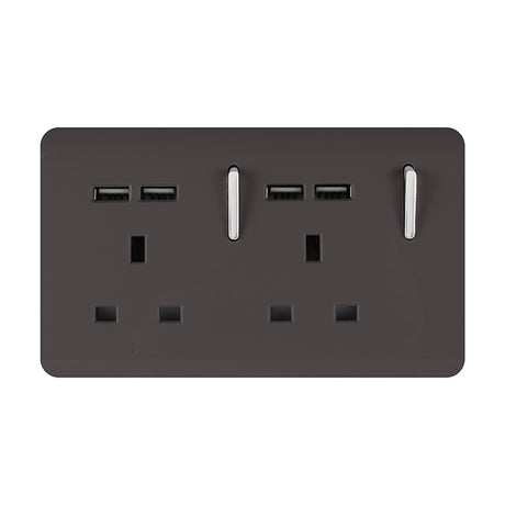 Dark brown 2 gang double 13A switched socket with four USB-A charging ports, chrome rocker switches, screwless plate, shown on a plain white background.