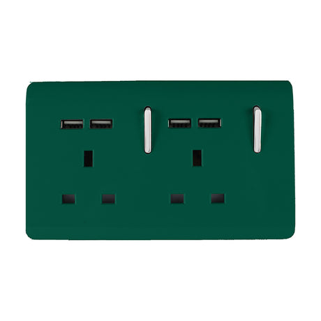 2 Gang Double 13A dark green socket with screwless plate, chrome rocker switches and four USB-A charging ports, shown on a plain white background.