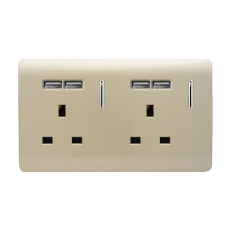 Champagne gold double 13A socket with four USB-A charging ports, two rocker switches with indicator lights, screwless plate, shown on a plain white background.