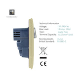 2 Gang Double 13A 10W USB-A Socket - Champagne Gold