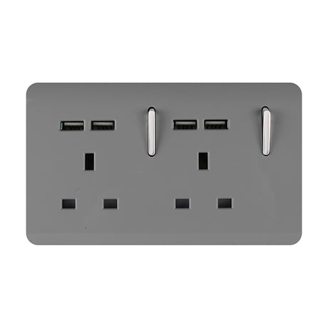 Light grey 2 gang 13A double socket with four USB-A charging ports and two chrome rocker switches, screwless plate on a white background.