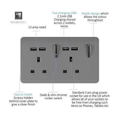 Light grey 2 gang 13A double socket with four USB-A charging ports, chrome rocker switches, and screwless plate on a white background.