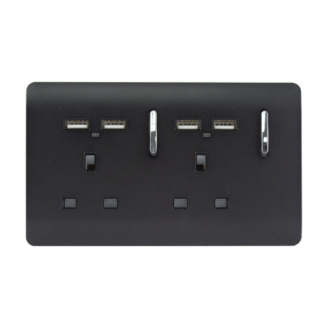 2 Gang Double 13A 10W USB-A Socket in matt black with screwless flat plate, chrome switch rockers, and four USB-A charging ports, shown on a white background.