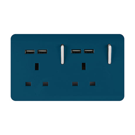 Midnight blue 2 gang double 13A switched socket with a screwless flat plate, four USB-A ports, and chrome rocker switches on a white background.