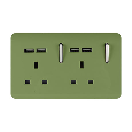 Moss green 2 gang double 13A socket with four USB-A ports, two chrome rocker switches, and screwless flat plate on a white background.