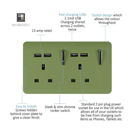 Moss green 2-gang 13A double socket with four USB-A charging ports, two chrome rocker switches, and screwless flat plate on a white background.