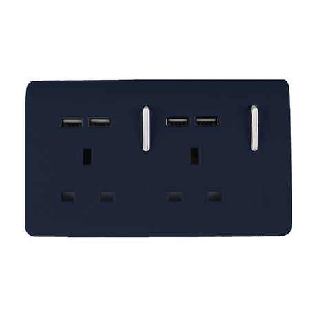 2 Gang Double 13A USB-A Socket in navy blue with screwless flat plate, chrome rockers, two switched power points and four USB-A ports, on a white background.