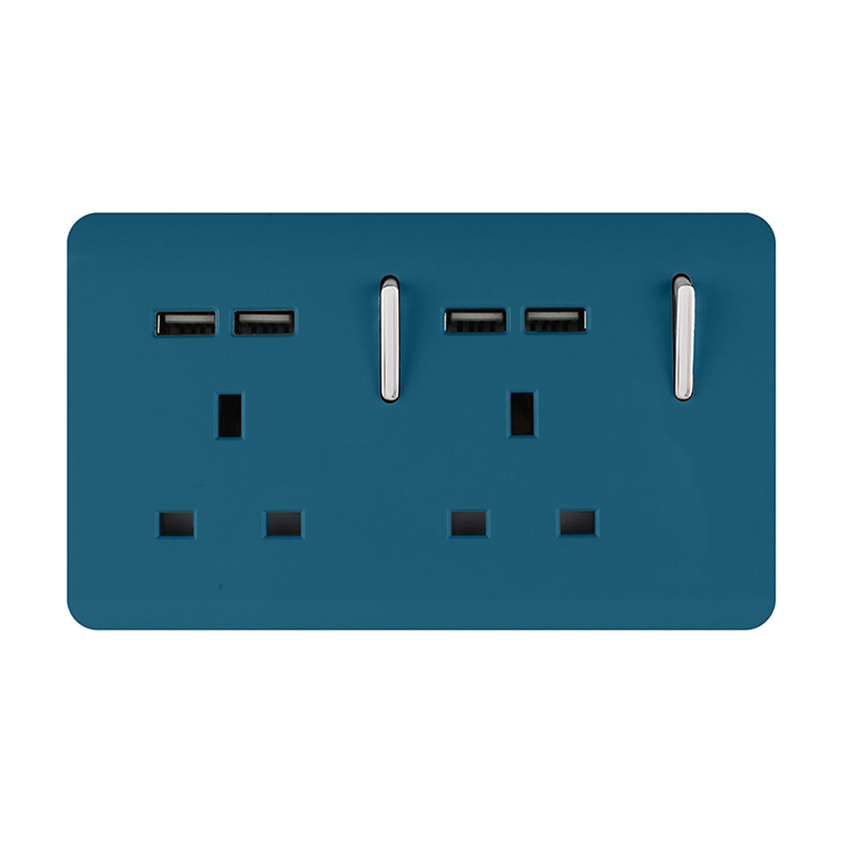 Ocean Blue 2 gang double 13A switched socket with four USB-A charging ports and chrome rocker switches, screwless plate on plain white background.