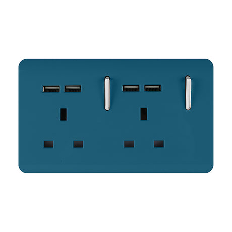 Ocean Blue 2 gang double 13A switched socket with four USB-A charging ports and chrome rocker switches, screwless plate on plain white background.