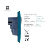 Side profile view of the Ocean Blue 2 Gang 13A USB-A double socket, showing the screwless faceplate depth, chrome switch and rear terminal housing with technical specifications listed alongside.