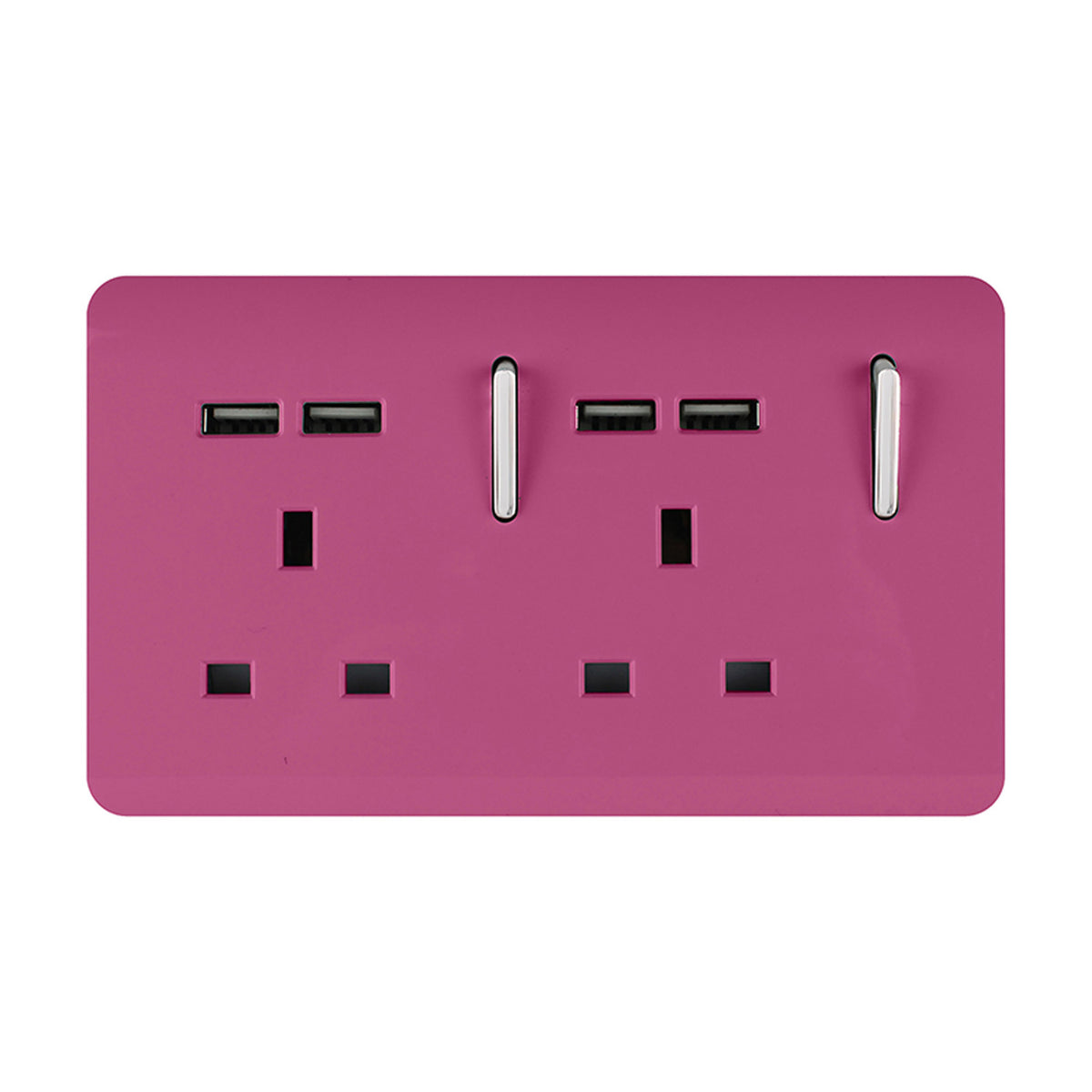 Pink double 13A socket with screwless plate, chrome-trimmed rocker switches and four USB-A ports, shown on a plain white background.