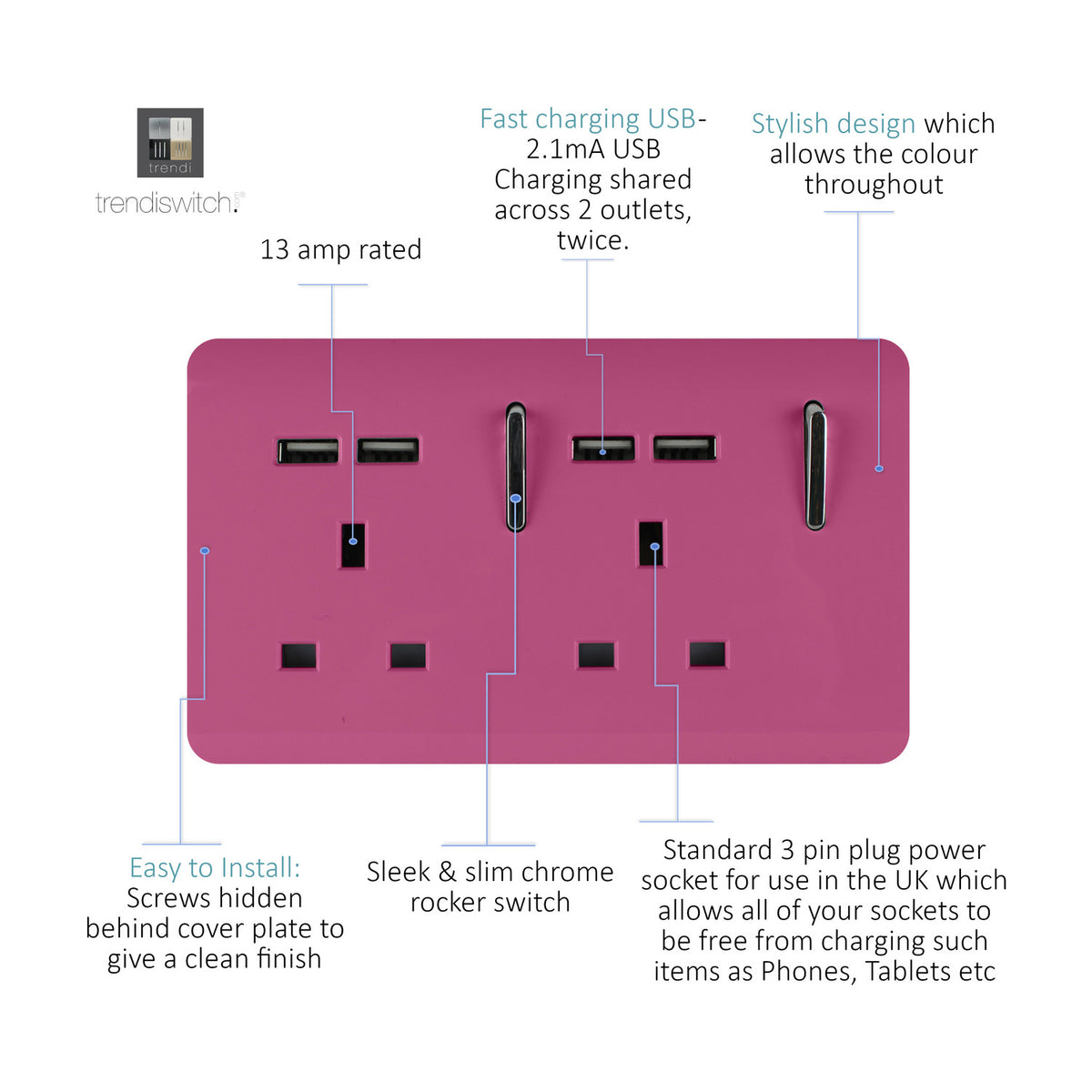 Pink 2 gang double 13A socket with screwless plate, chrome rocker switches, and four USB-A charging ports, shown on a white background.