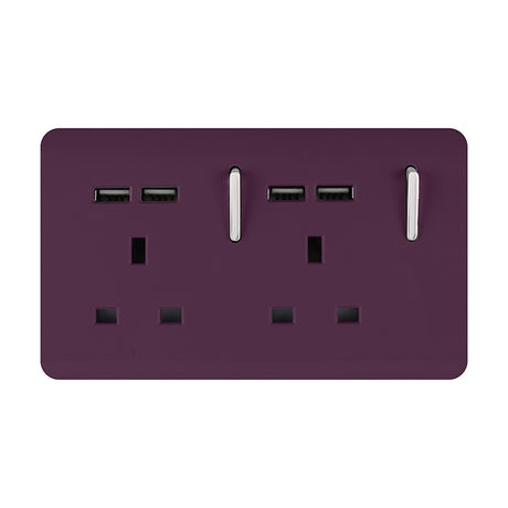 Plum 2 gang double 13A switched socket with screwless flat plate, chrome inserts, four USB-A charging ports, and two rocker switches, shown on a plain white background.