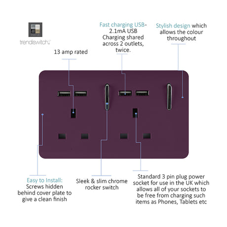 Plum 2 gang double 13A socket with screwless plate, chrome inserts, two rocker switches and four USB-A charging ports, labelled diagram on white background.