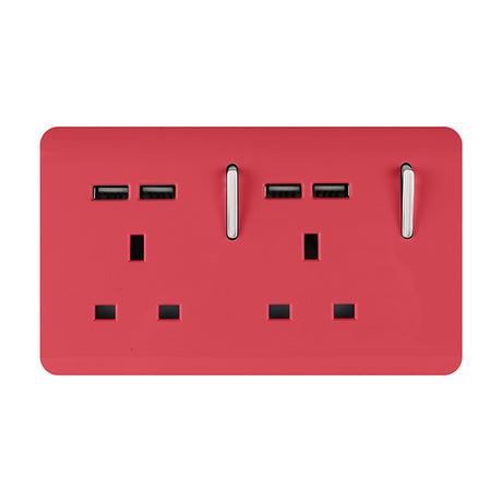 Strawberry-red 2 gang 13A double socket with screwless plate, chrome rocker switches, and four USB-A charging ports, shown on a white background.