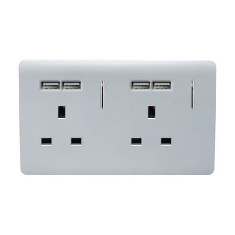 2 Gang Double 13A USB-A socket in platinum silver with screwless plate, two switched sockets, four USB-A ports, and rocker switches, shown on a plain white background.