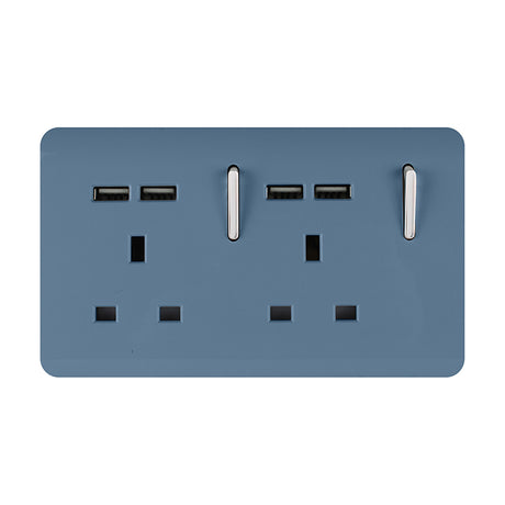 2 Gang Double 13A USB-A Socket in Sky Blue with screwless plate, chrome switches and inserts, two switched sockets and four USB-A ports, on a plain white background.