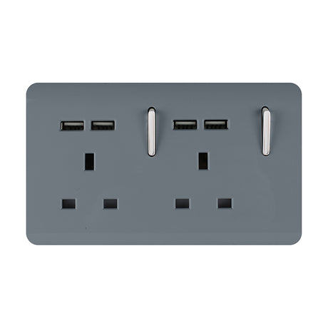 Warm grey 2 gang double 13A socket with screwless plate, chrome-trimmed rocker switches, and four USB-A charging ports, shown on a plain white background.