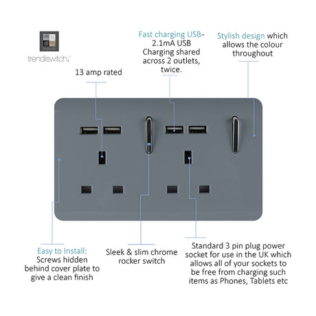 Warm grey 2 gang 13A double socket with chrome rocker switches and four USB-A charging ports, screwless plate, on a white background.