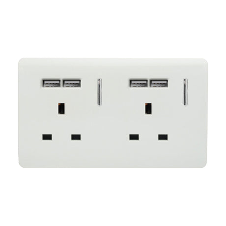 Ice white 2 gang double 13A socket with screwless flat plate, chrome insert, rocker switches, neon indicators, and four USB-A ports, shown on a plain white background.