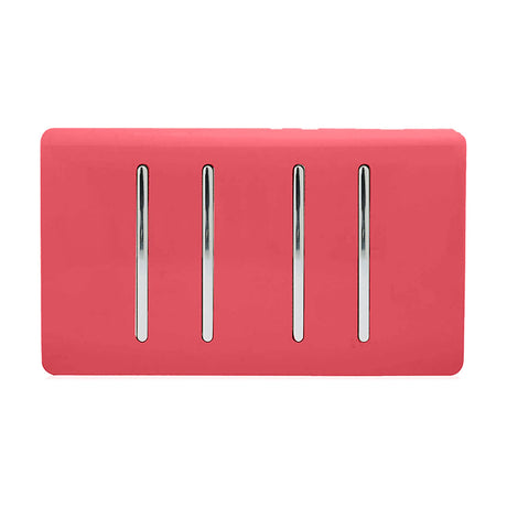 4 Gang Light Switch (3x2 Way, 1x3 Way) in Strawberry with four chrome rockers on a screwless flat plate, shown on a plain white background.