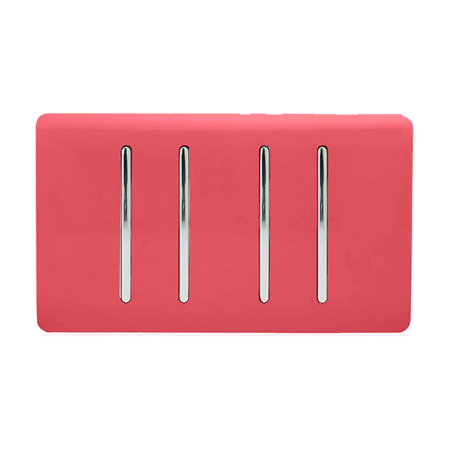 4 Gang Light Switch (3x2 Way, 1x3 Way) in Strawberry with four chrome rockers on a screwless flat plate, shown on a plain white background.