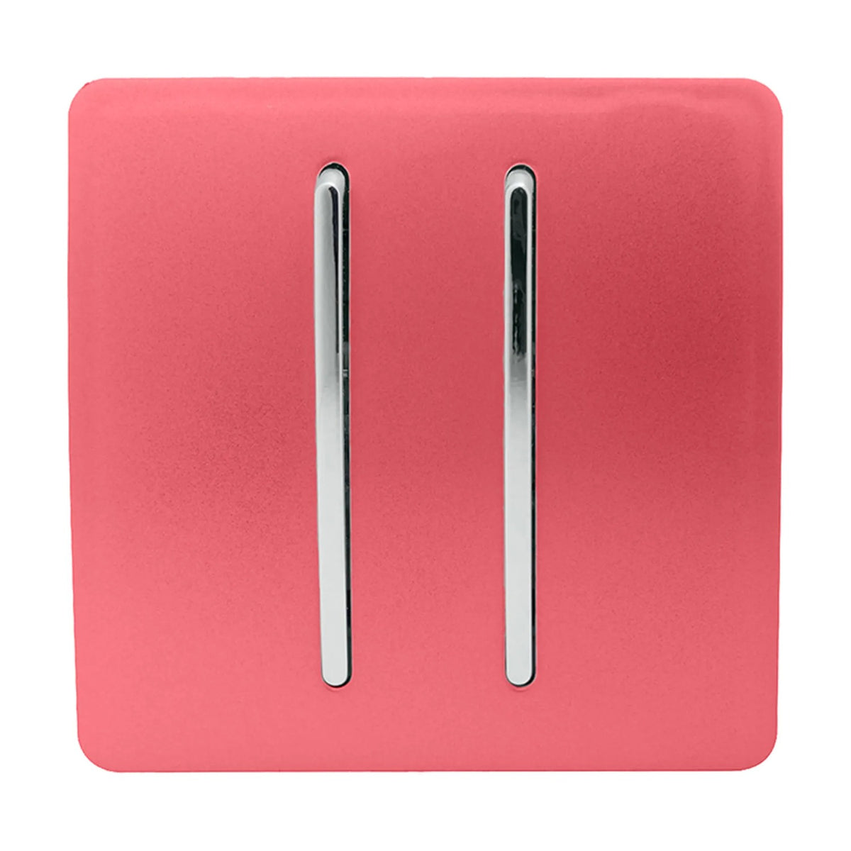 2 gang light switch with flat screwless strawberry red plate and vertical chrome inserts framing the two rockers, on a plain white background.