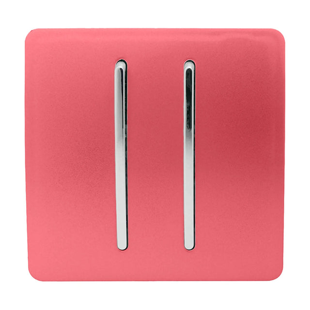 2 gang light switch with flat screwless strawberry red plate and vertical chrome inserts framing the two rockers, on a plain white background.