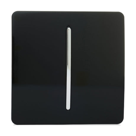 1 Gang 2 Way Light Switch in high gloss piano black with a chrome rocker and screwless square plate, shown on a plain white background.