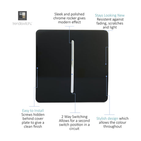 1 Gang 2 Way Light Switch in Piano Black, a screwless square plate with chrome rocker, shown with labelled callouts on a white background.