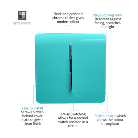 1 Gang 2 Way Light Switch in bright teal with a screwless square plate and vertical chrome rocker insert, shown against a plain white background.