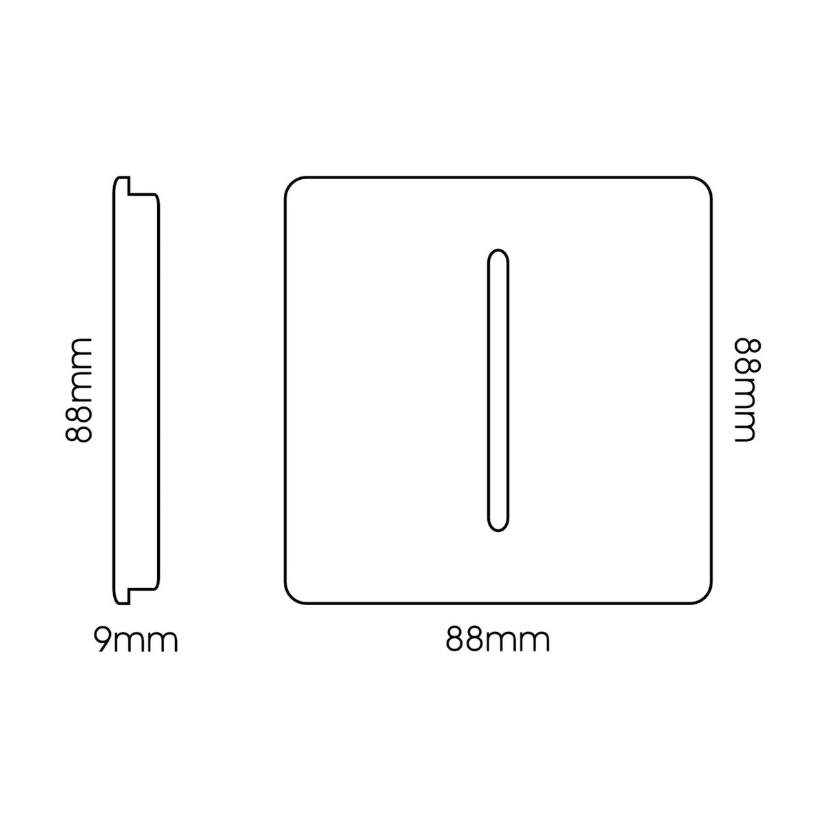Square 1 gang 2 way light switch in carbon fibre finish with chrome rocker, screwless plate, shown front and side view with 88mm x 88mm x 9mm dimensions on a white background.
