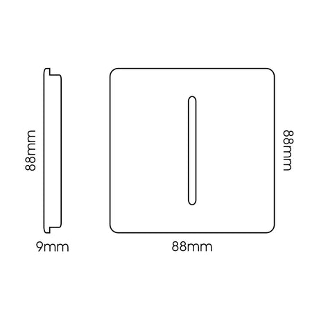 Square 1 gang 2 way light switch in carbon fibre finish with chrome rocker, screwless plate, shown front and side view with 88mm x 88mm x 9mm dimensions on a white background.