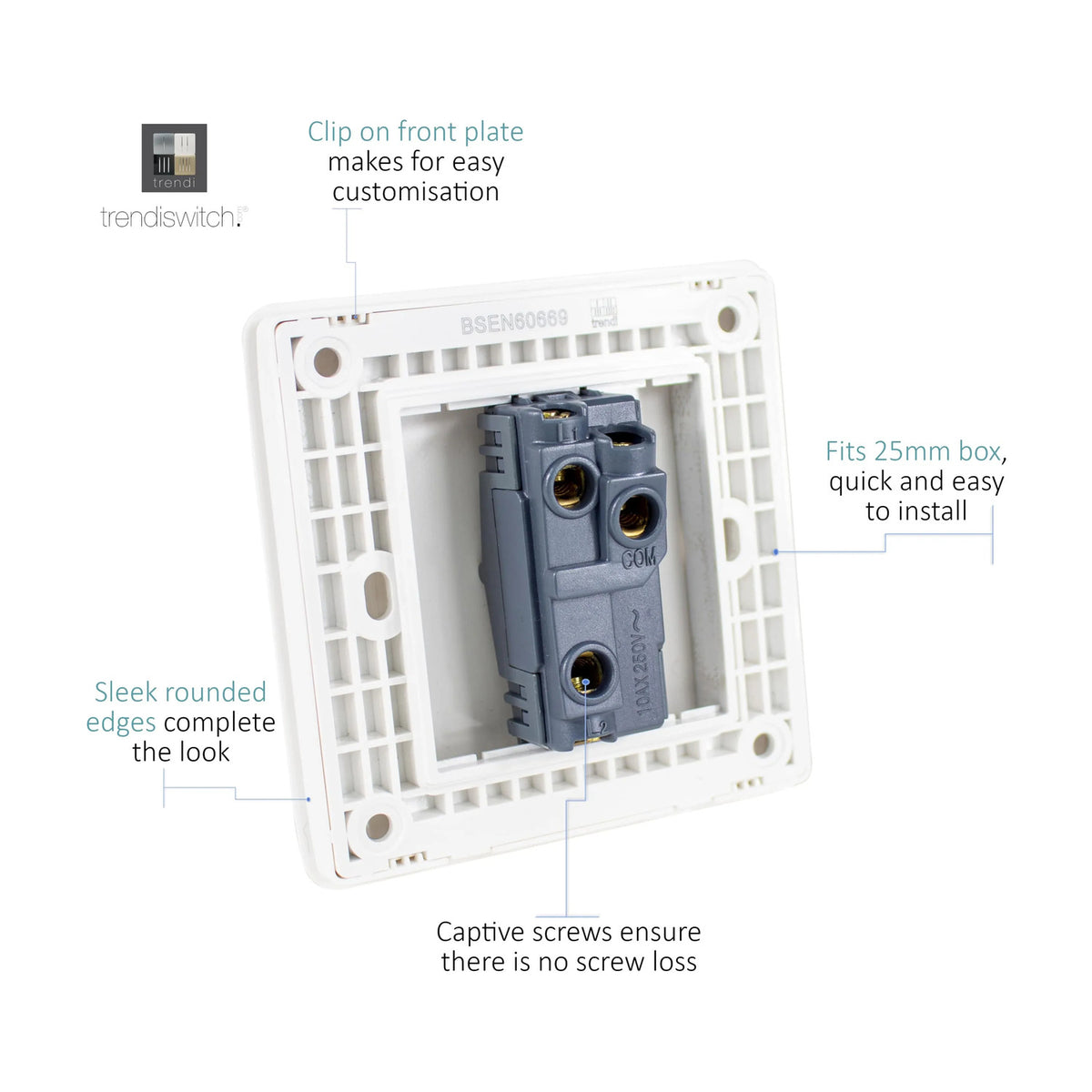 Rear view of a 1 Gang 2 Way Light Switch mounting plate showing grey terminal module, captive screws and 25mm box fitting, on a white background.