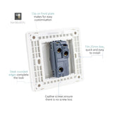 Rear view of a 1 Gang 2 Way Light Switch mounting plate showing grey terminal module, captive screws and 25mm box fitting, on a white background.