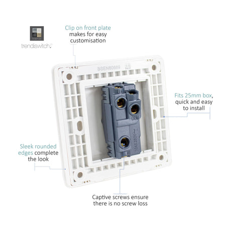 Rear view of a 1 Gang 2 Way Light Switch mounting plate showing grey terminal module, captive screws and 25mm box fitting, on a white background.
