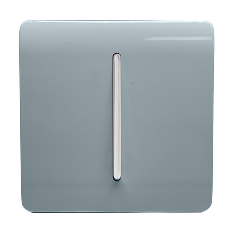 1 Gang 2 Way Light Switch in Cool Grey with a vertical rocker, chrome insert, and screwless square plate, shown on a plain white background.