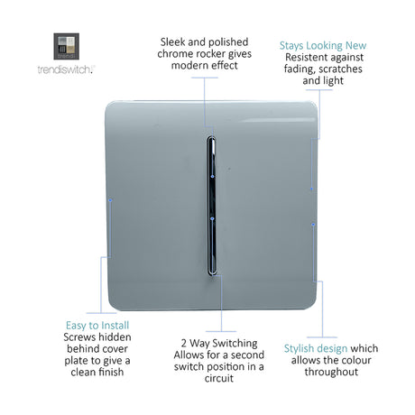 1 Gang 2 Way Light Switch in cool grey with a screwless square plate and single chrome-edged rocker, shown with labelled feature callouts on a white background.