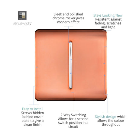 1 Gang 2 Way Light Switch in copper with polished chrome rocker, square screwless plate, shown with labelled feature callouts on a white background.