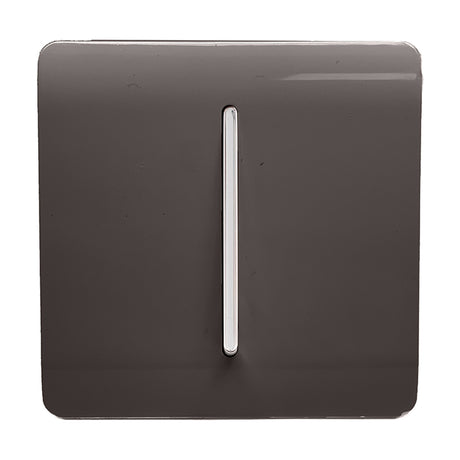 1 Gang 2 Way Light Switch in dark brown with a screwless, square faceplate and a slim chrome rocker, shown against a plain white background.