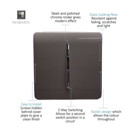 1 gang 2 way light switch in dark brown with a screwless faceplate and chrome rocker, shown on a white background with annotated design features.