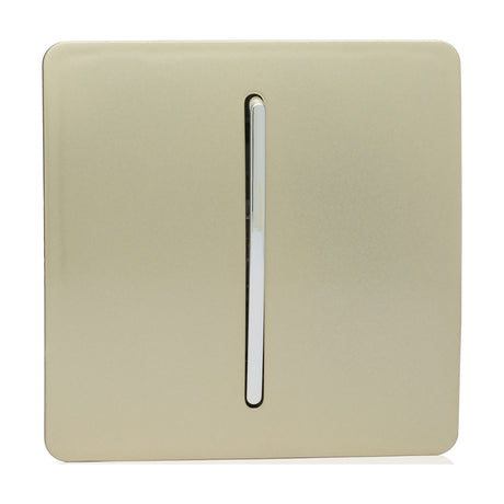1 Gang 2 Way Light Switch in champagne gold with a vertical chrome rocker on a screwless flat plate, shown on a plain white background.