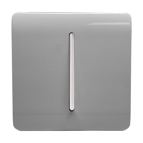 1 Gang 2 Way Light Switch in light grey, screwless square plate with a single chrome vertical rocker, shown on a plain white background.