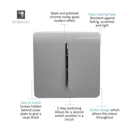 1 Gang 2 Way Light Switch in light grey with a screwless flat plate and polished chrome rocker, shown with labelled feature callouts on a white background.