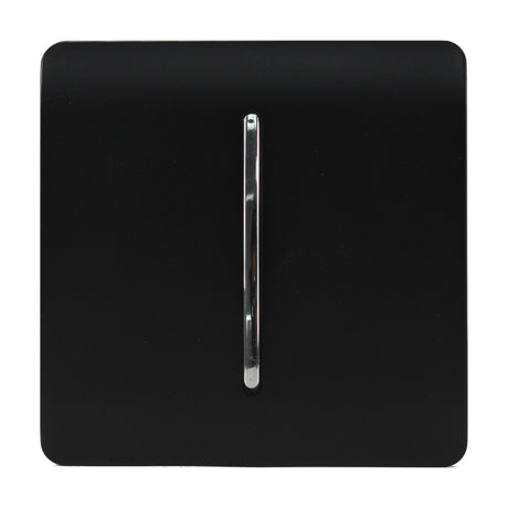 1 Gang 2 Way Light Switch in matt black with a screwless square plate and vertical chrome rocker, shown on a plain white background.