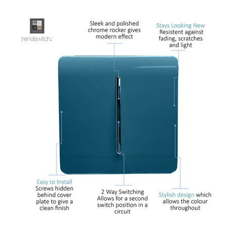 1 Gang 2 Way Light Switch in midnight blue with a screwless flat plate and centred chrome rocker, shown on a white background with annotated features.