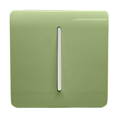 Square 1 gang 2 way light switch in moss green with a screwless plate, single vertical rocker, and chrome insert, shown on a plain white background.