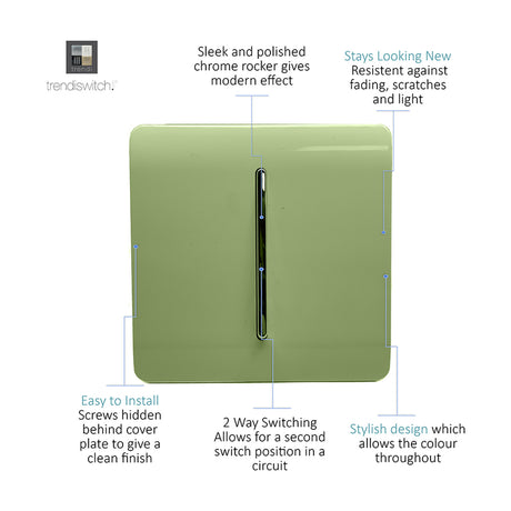 Screwless 1 gang 2 way light switch in moss green with chrome rocker insert, shown on a white background with feature callouts.
