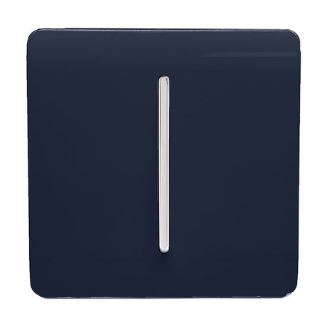 1 Gang 2 Way Light Switch in Navy Blue with a screwless flat plate and central chrome rocker, shown on a plain white background.