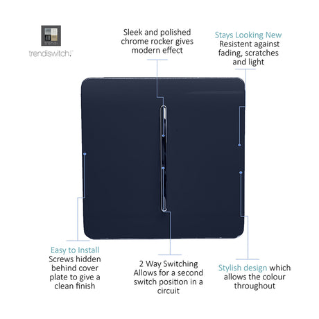 1 Gang 2 Way Light Switch in navy blue with a screwless square plate and central polished chrome rocker, shown on a plain white background.